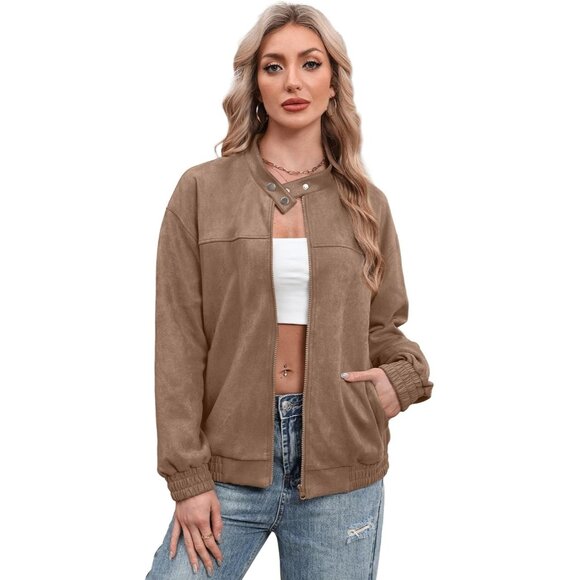 Women's Faux Leather Jacket Oversized Suede Camel Bomber Coat Fall Winter Outfit - Picture 3 of 4